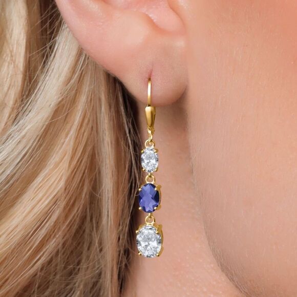 18K Yellow Gold with 5.50  Cttw 3 Stone White Topaz and Blue Iolite Earrings - Picture 2 of 5
